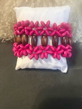 Pink and Brown Beaded Stretch Bracelet